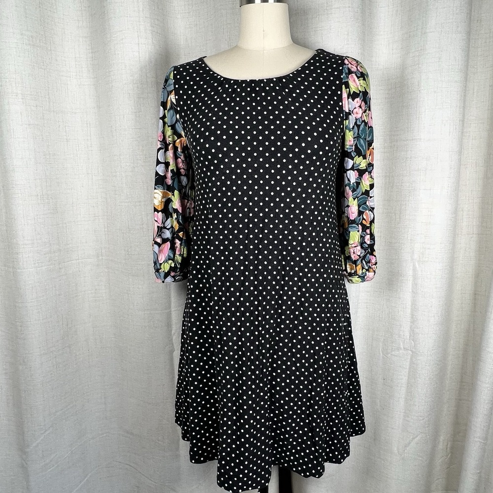 Anthropologie Maeve Sawyer Tunic Dress Black Polka Dots Floral Sleeves Small Pet
